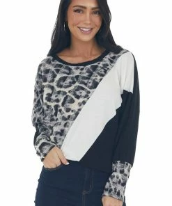 BiBi Tops Black Leopard Colorblock Long Dolman Sleeve Top