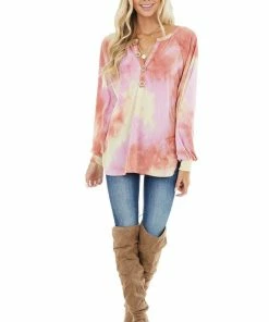 BiBi Dark Coral Tie Dye Knit Top With Long Bubble Sleeves Tops
