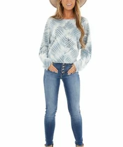 First Love Dusty Blue Tie Dye Long Dolman Sleeve Knit Top Tops