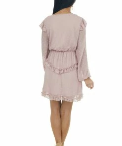 143 Story Dresses Dusty Blush Long Sleeve Ruffle Swiss Dot Dress
