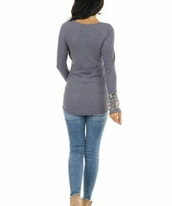 American Chic Dusty Navy Waffle Knit Top With Multiprint Cuff Detail Tops 32 American Chic Dusty Navy Waffle Knit Top With Multiprint Cuff Detail Tops