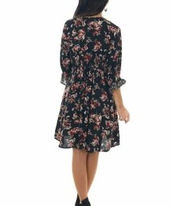 Umgee Black Mixed Floral Print V Neck Short Dress Dresses