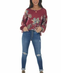 Umgee Wine Floral Waffle Knit Bubble Sleeve Top