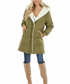 Style Melody Olive Hooded Puffer Coat With Button And Zip Up Closure Outerwear