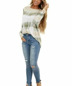FSL APPAREL Sage And Oatmeal Tie Dye Soft Knit Top With Long Sleeves Tops 33 FSL APPAREL Sage And Oatmeal Tie Dye Soft Knit Top With Long Sleeves Tops