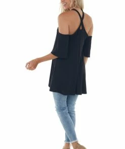 Fantastic Fawn Tops Black Flutter Sleeve Cold Shoulder Halter Top