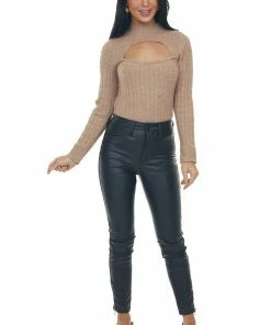 Lush Clothing Latte Cable Knit Sweater With Chest Cut Out Tops