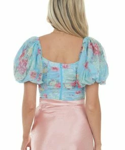 HYFVE Baby Blue Floral Bubble Sleeve Ruched Crop Top
