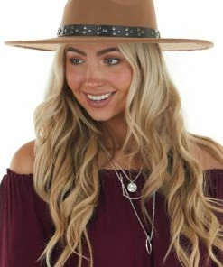 Fame Accessories Walnut Felt Wide Brim Hat With Studded Band