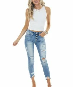 American Fit Bottoms Light Wash Mid Rise Distressed Skinny Jeans With Buttons