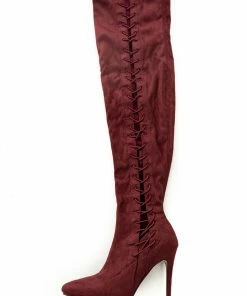 JP ORIGINAL CORP Wine Lace Up Thigh High Stiletto Suede Boots