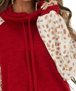 143 Story Cherry Drawstring Cowl Neck Top With Cheetah Print Sleeves