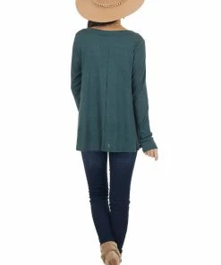 Peach Love Tops Hunter Green Notch Neck Babydoll Knit Top With Button Detail