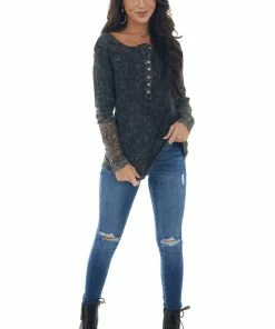 BiBi Black And Charcoal Thermal Knit Long Sleeve Top Tops 12 BiBi Black And Charcoal Thermal Knit Long Sleeve Top Tops