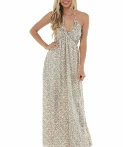 Entro Vanilla Ditsy Floral Halter Tie Maxi Dress Dresses