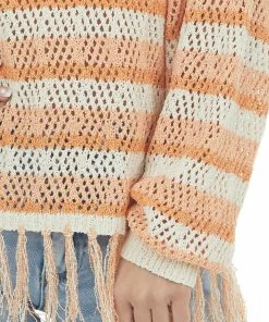 143 Story Tangerine Striped Sweater With Fringe Detail Tops