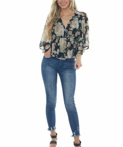Entro Black Floral Flare Sleeve V Neck Babydoll Top Tops