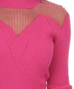 143 Story Tops Magenta Long Sleeve Mesh Yoke Ribbed Knit Top