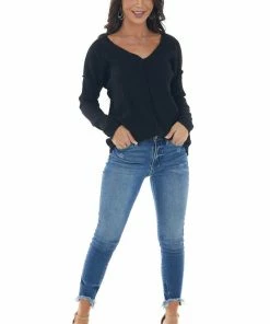 143 Story Black Metallic Thread Exposed Seam Knit Top