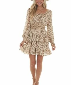 Hailey & Co Dresses Latte Floral Long Sleeve Tiered Short Dress