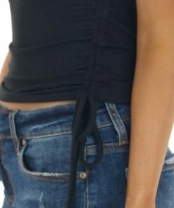 Entro Black Ribbed Cropped Knit Tank Top With Side Ruching Detail Tops