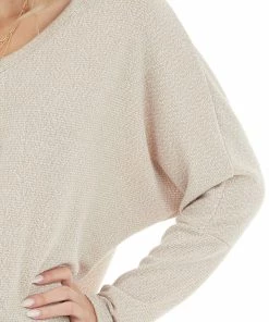 HOPELY Heathered Oatmeal V Neck Knit Top With Long Dolman Sleeves Tops