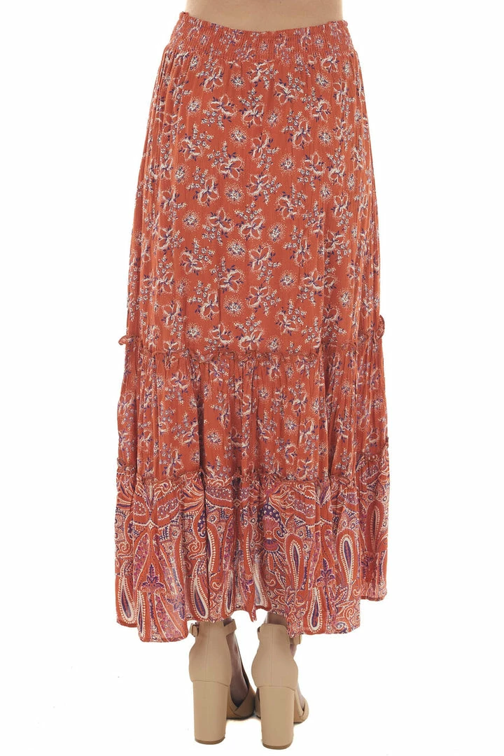 Nostalgia Burnt Orange Floral Smocked Waist Midi Skirt 10 Nostalgia Burnt Orange Floral Smocked Waist Midi Skirt