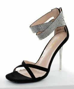 Kay Kay Fashion Black Suede And Rhinestone Strappy High Heels Shoes