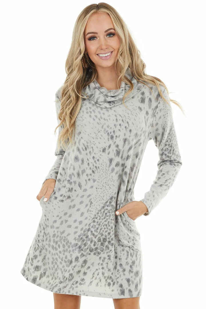First Love Heather Grey Leopard Print Cowl Neck Dress With Pockets 11 First Love Heather Grey Leopard Print Cowl Neck Dress With Pockets