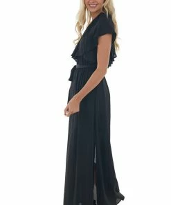 Fantastic Fawn Dresses Black One Shoulder Ruffle Overlay Maxi Dress