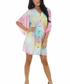 Davi & Dani Dresses Multicolor Tie Dye Short Sleeve Button Dress