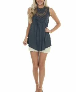 CY Fashion Faded Black Flowy Sleeveless Top With Sheer Crochet Details