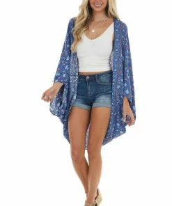 Davi & Dani Dusty Blue Floral Cocoon Hem Open Front Kimono 12 Davi & Dani Dusty Blue Floral Cocoon Hem Open Front Kimono