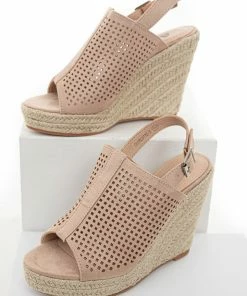 Shoe Shoe Train Latte Square Laser Cut Out Espadrille Sling Back Wedges Shoes