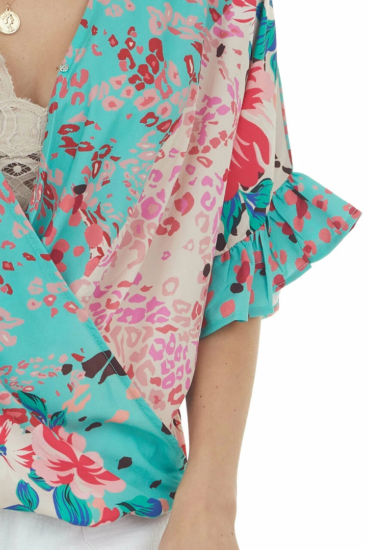 Umgee Dusty Kelly Green Multiprint Short Sleeve Surplice Top 12 Umgee Dusty Kelly Green Multiprint Short Sleeve Surplice Top