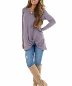 Kye Mi Lavender Knit Long Sleeve Top With Hem Twist Detail