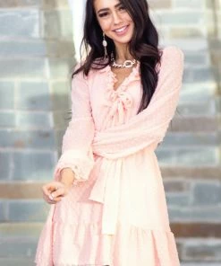 Peach Love Blush Swiss Dot Woven Dress With Front Tie Closure Dresses 37 Peach Love Blush Swiss Dot Woven Dress With Front Tie Closure Dresses