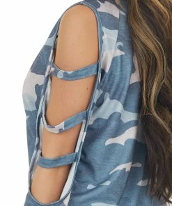 Shiying Fashion Tops Navy Camo Long Ladder Sleeve Stretchy Knit Top