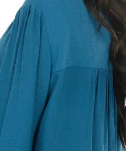 Kori America Tops Dark Teal Surplice Puff Sleeve Blouse With Bubble Hemline