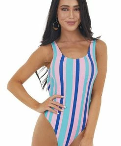 Envya Pink And Aqua Striped One Piece Swimsuit With Scoop Back Accessories
