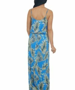 Lush Clothing Cobalt Blue Leaf Print Maxi Dress With Straps Dresses