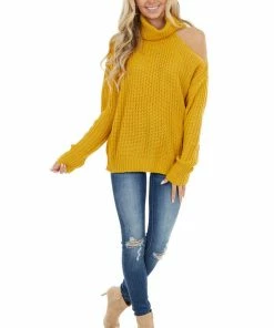 La Miel Mustard Long Sleeve Knit Sweater With Cold Shoulder