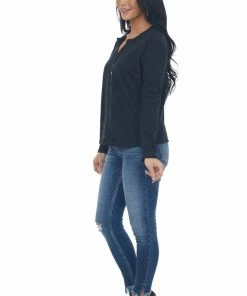 Charlotte Avery Black Long Sleeve Notch Neck Henley Top