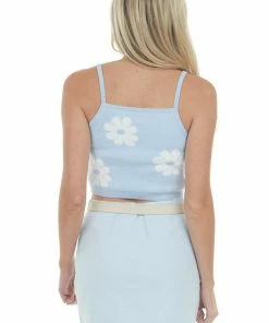 Peach Love Baby Blue Daisy Print Cropped Knit Tank Top Tops