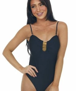 Davi & Dani Black Strapless Swimsuit With Gold Bar Detail Accessories