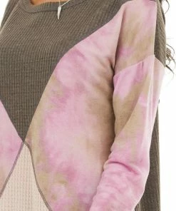 BiBi Tops Taupe And Blush Colorblock Long Sleeve Top With Tie Dye 33 BiBi Tops Taupe And Blush Colorblock Long Sleeve Top With Tie Dye