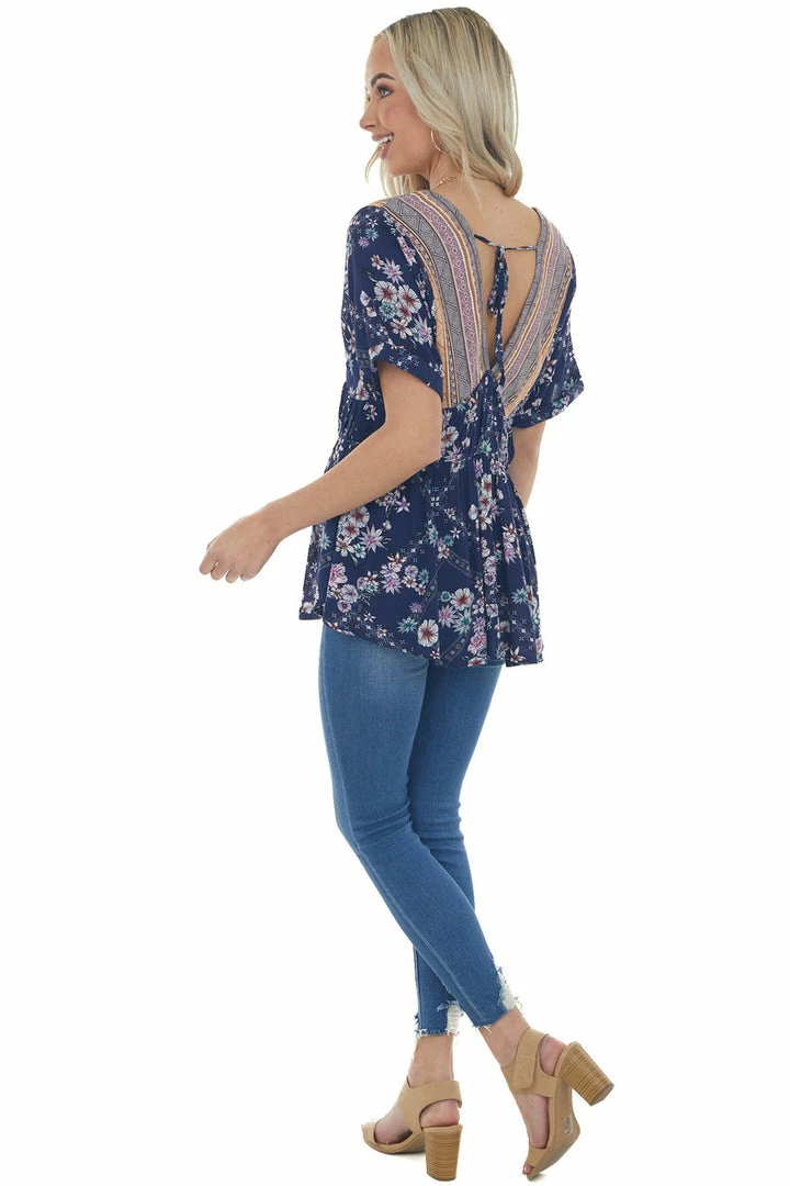 Davi & Dani Tops Rich Navy Multiprint Babydoll V Neck Woven Top 16 Davi & Dani Tops Rich Navy Multiprint Babydoll V Neck Woven Top