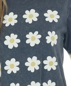Lotus Fashion Black Mineral Washed Daisy Print Graphic Tee