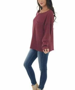 BiBi Wine Loose Waffle Knit Chest Pocket Top