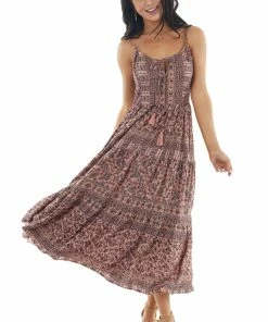 ANGIE Dusty Rose Floral Print Tiered Midi Dress With Tie Details Dresses